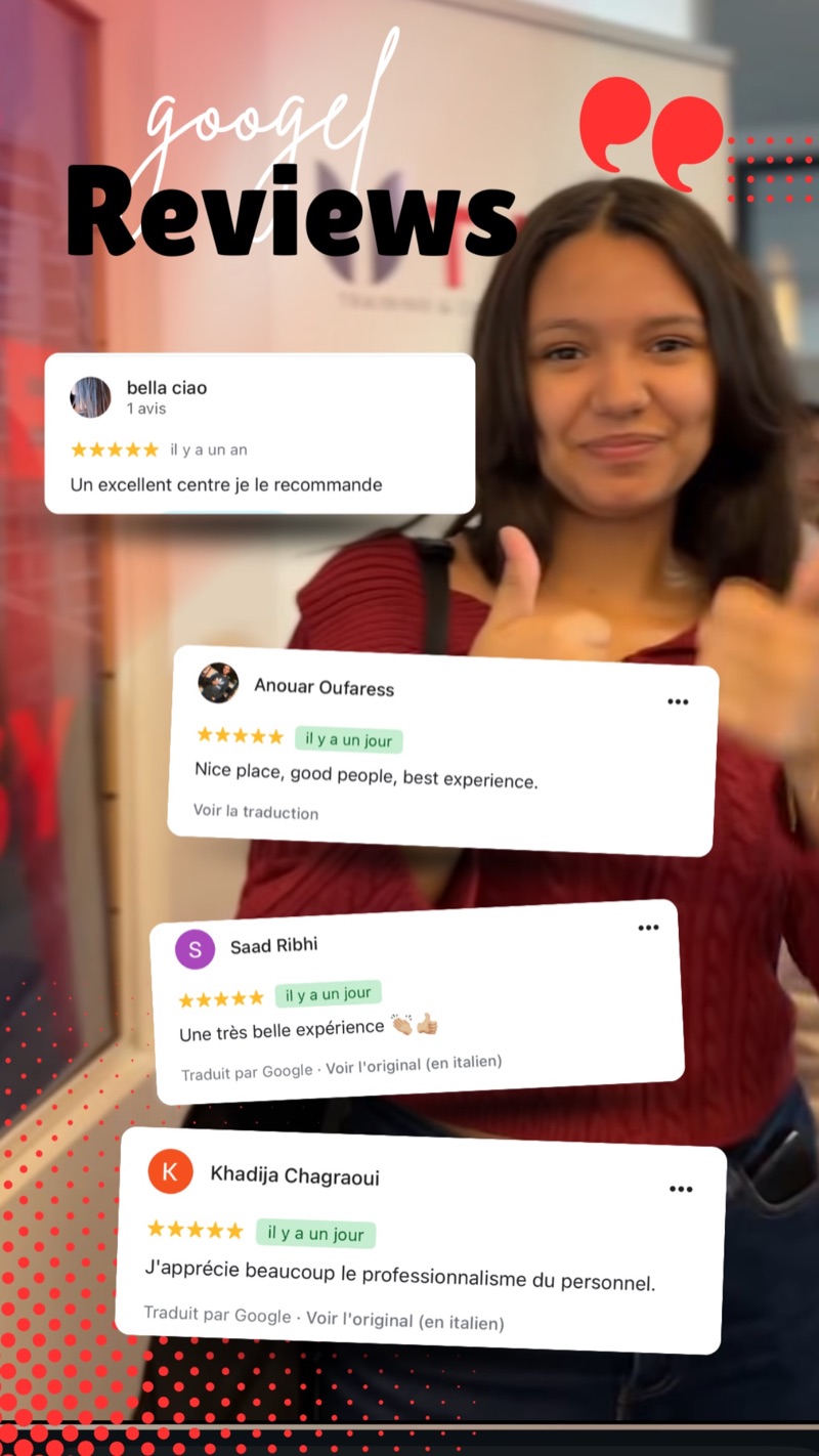 Capture d’avis Google 5 étoiles sur UTALK Center : Anouar Oufaress, Saad Ribhi, Khadija Chagraoui et d’autres élèves recommandent le centre.